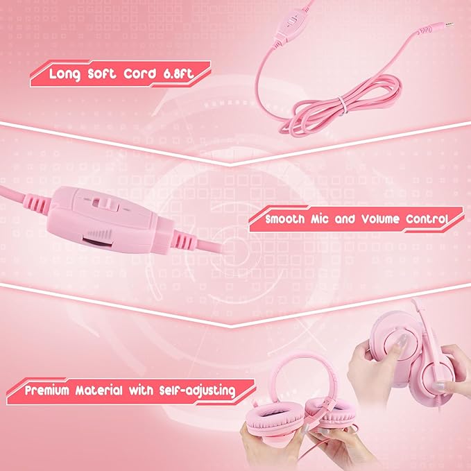 DIWUER Gaming Headset for Xbox One, PS4, PS5, Nintendo Switch, Bass Surround and Noise Cancelling 3.5mm Over Ear Headphones with Mic for Laptop PC Smartphones, Pink