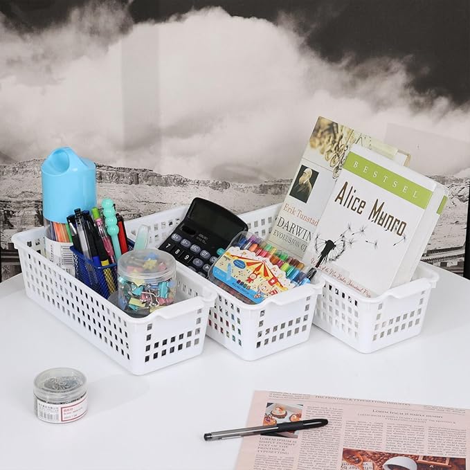 Anbers 4 Pack Slim Storage Baskets for Shelves, Small Plastic Organizing Baskets, White