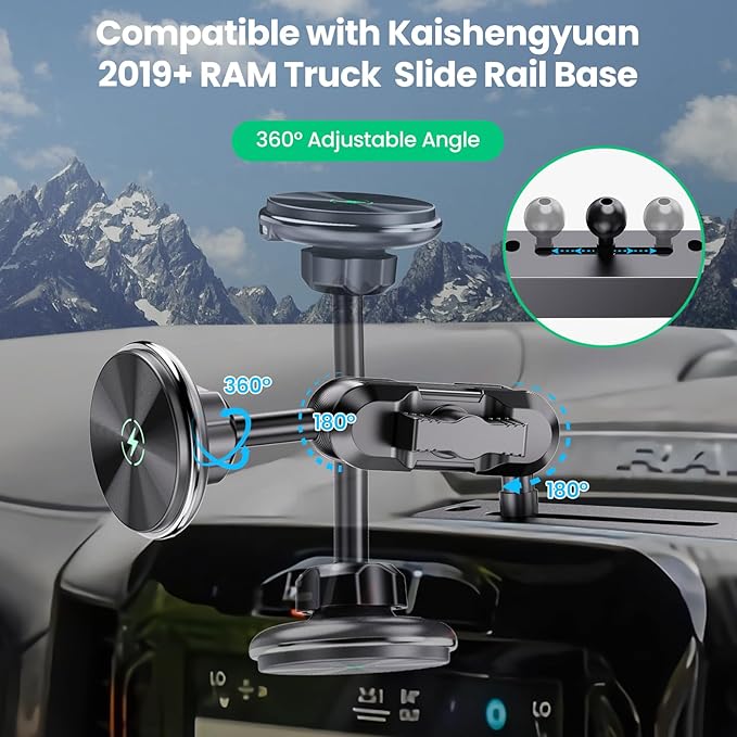 Kaishengyuan Dash Mount Wireless Charger Magnetic Holder with Metal Double Socket Arm & 360° Rotating Extension Mounting Arm & 0.98” Ballhead Compatible with All Smartphones