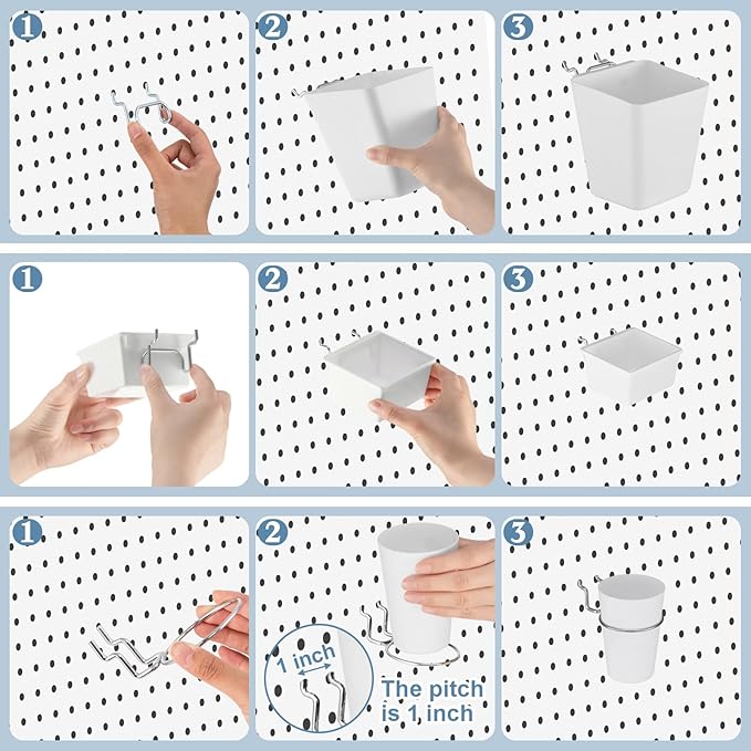 Jinei 12 Pcs Pegboard Bins and Cups with Hooks and Loops Peg Assortment Organizer Accessories Various Tool Organizer Pegboard Basket Set for Garage Workshop Workbench Office(White)