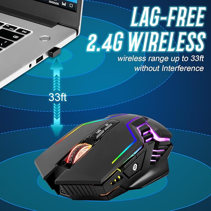 CHONCHOW Wireless Gaming Mouse for PC, RGB Backlit, 12 Light Modes, 2.4G Receiver/USB-C, Up to 3200 DPI, Rechargeable Wireless Computer Mice with 58inch Charge Cable for Laptop/Windows/PS4 Gamer-Black