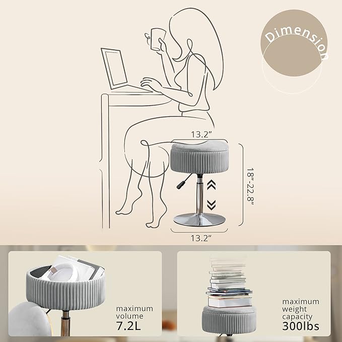 LUE BONA 360°Swivel Vanity Stool Chair for Makeup Room, Height Adjustable Stool for Vanity with Storage, Small Grey Velvet for Bathroom, Living Room