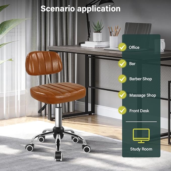 BFTOU Square Swivel Stool with Wheel for Work SPA Shop Massage Height-Adjustable and Cost-Effective Rolling Stool Chair with Back (Brown)