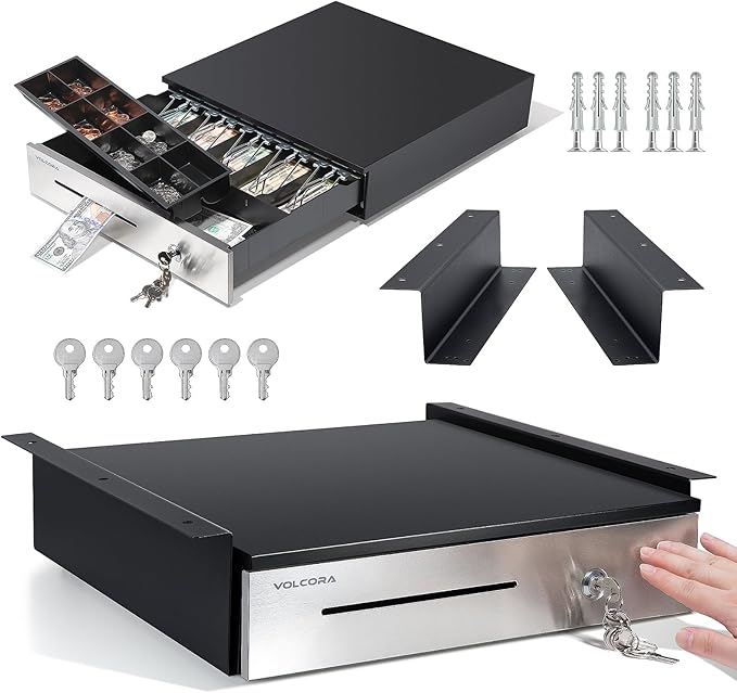 Manual Push Open Cash Register Drawer with Under Counter Mounting Metal Bracket - 16" Black/Stainless Steel Front Cash Drawer for POS, Partial Removable 5 Bill 8 Coin Tray, Key Lock, Media Slots