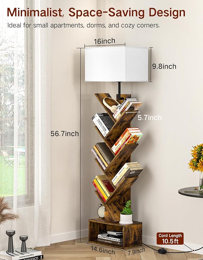 6 Tier Tree Bookshelf with Light, Remote & Timer, Modern Tall Floor Standing Book Shelf, Narrow Wood Bookcase, Small Book Organizer Shelves for Living Room, Bedroom, Office (Rustic Brown)