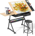 OS MOTOR Adjustable Height Drafting Table with Wood Top, Art Craft Desk with Slide-Out Drawers, Storage, for Drawing, Writing, Painting, and Creative Tasks, Ideal for Home Office, Natural