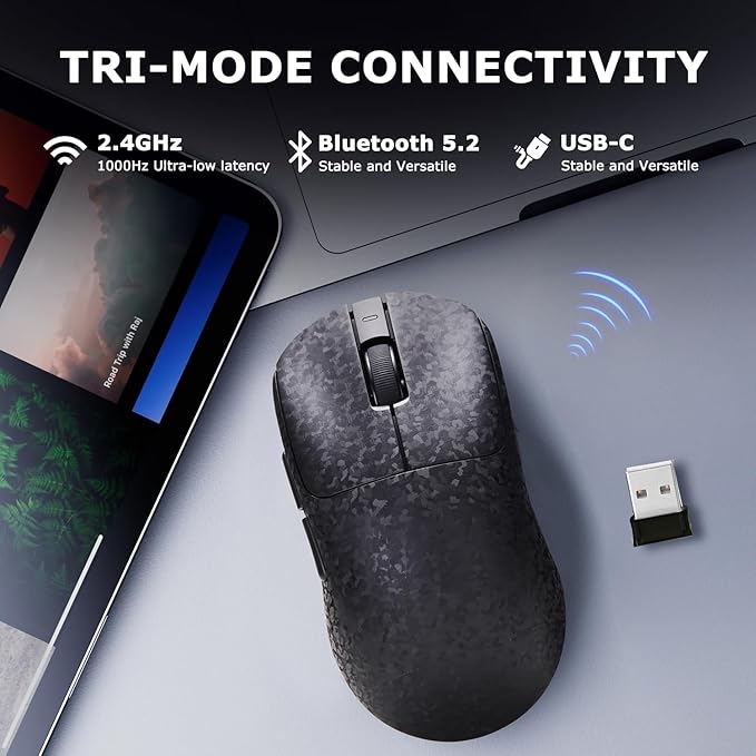 AJ199 Hybrid Wireless Gaming Mouse | Genuine Carbon Fiber Grip Shell | Tri-Mode 2.4G/Bluetooth/USB-C | 60g Balanced Lightweight | 24K DPI PAW3311 | 119mm Compact | PC/Mac/Travel | Black