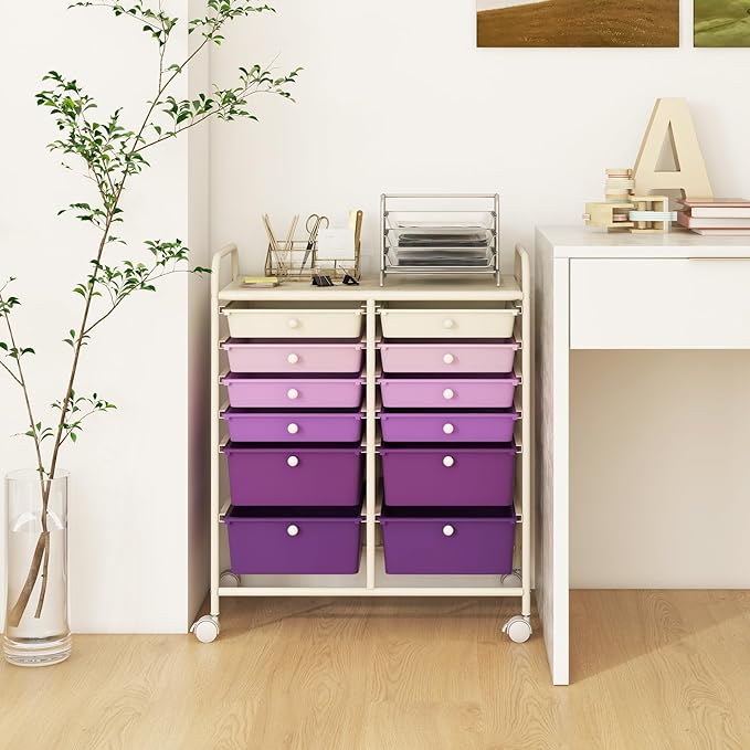 Moccha 12-Drawer Rolling Storage Cart - Utility Cart on Wheels with Lockable Casters for Craft Art Supply Paper Salon, Mobile Drawer Carts for Classroom Teacher School Office (Gradient Purple)