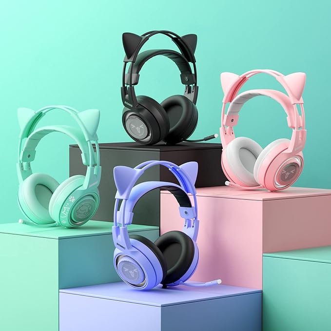 SOMIC G951S Green Gaming Headset with Microphone for PS4, PS5, Xbox One, PC, Cat Ear Headphones Over Ear with in-Line Mic Control, Stereo Sound for Girls, Woman
