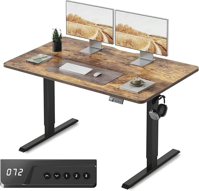 Cubiker Standing Desk, 55x28 Inches Sit Stand Home Office Desk, Electric Stand up Desk, Adjustable Desk with Splice Board, Black Frame/Rustic Brown Top