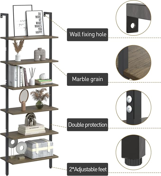 Wolawu Ladder Shelf Black 6 Tiers Modern Bookshelf Room Organizer Open Tall Wall Mount Bookcase Standing Leaning Wall Shelves Industrial Decorative Living Room Bed Room (Brown)