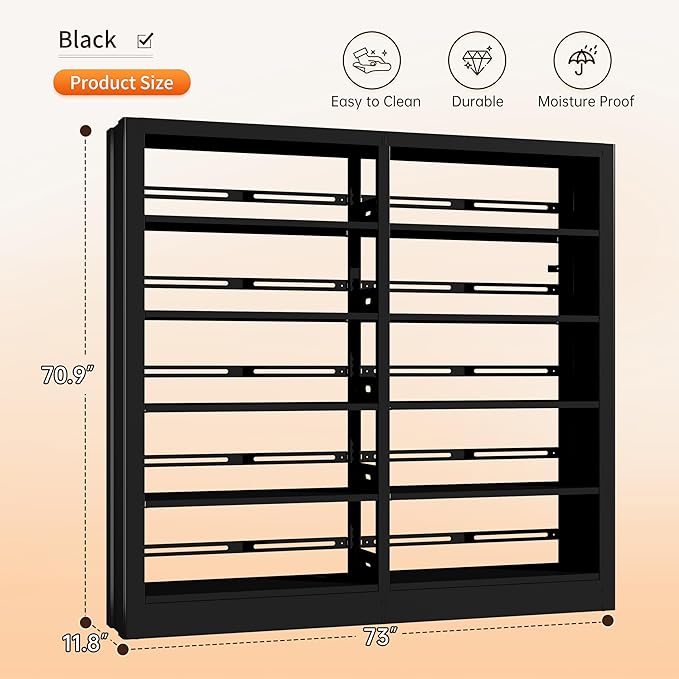71" Metal Bookshelf,5 Tier Black Bookshelf with Adjustable Shelves,Heavy Duty Bookshelves and Bookcases,Tall Bookcase for Living Room,Library,Office,Including Book Stopper (Black, 73" Wide)