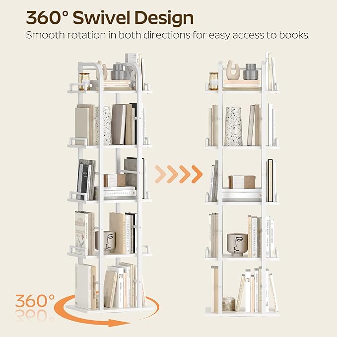 YATINEY 5 Tier Rotating Bookshelf, Freestanding Corner Bookshelf, 360 Spinning Bookcase Tower, Tall Industrial Style Organizer, Storage Shelf Bookcase for Living Room, Study, White SJ02WW
