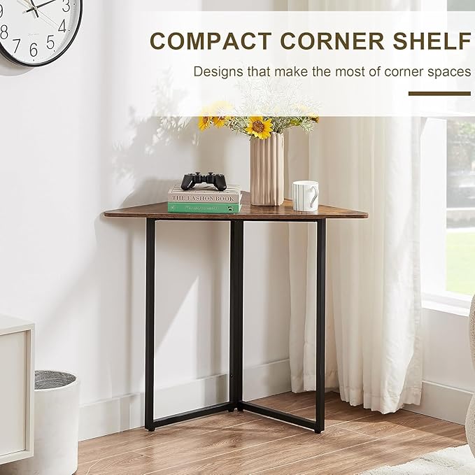 VECELO Corner Desk,Office Tables for Living Room for Small Space Triangle Computer Desk with Steel Frame Corner Shelves with Metal Frame Writing Desk for Workstation Classic Brown 31.1"