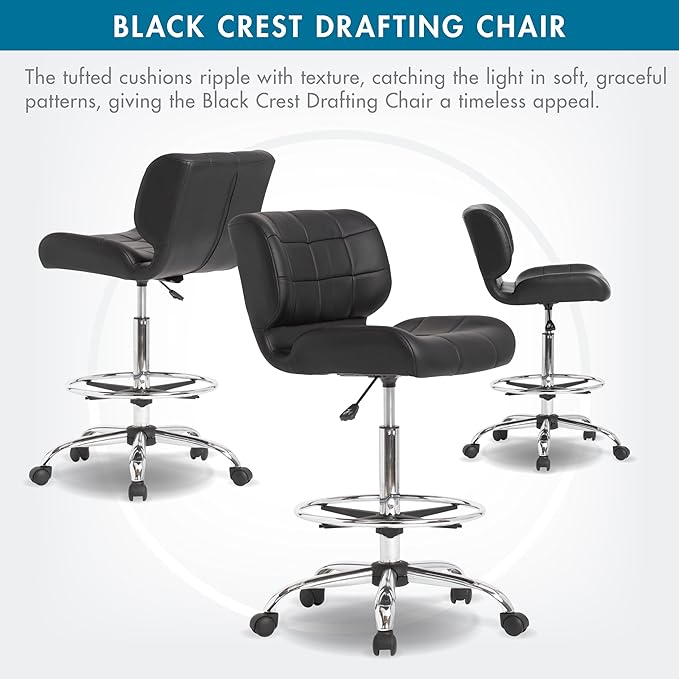 Studio Designs Black Crest Drafting Work Chair with Foot Rest - Adjustable Height - Contoured for Desk or Drafting Table
