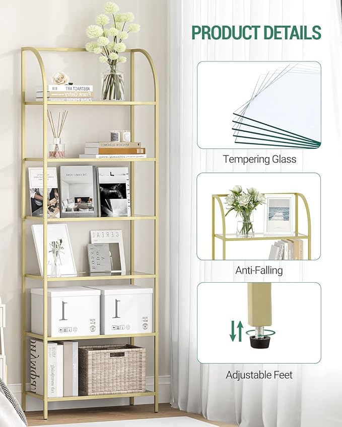 Hzuaneri Bookcase Bookshelf, Tempered Glass Arched Bookshelf for More Storage, Slim Shelving Unit for Bedroom, Bathroom, Home Office, Steel Frame, Wide 6 Tier Gold BC22699G