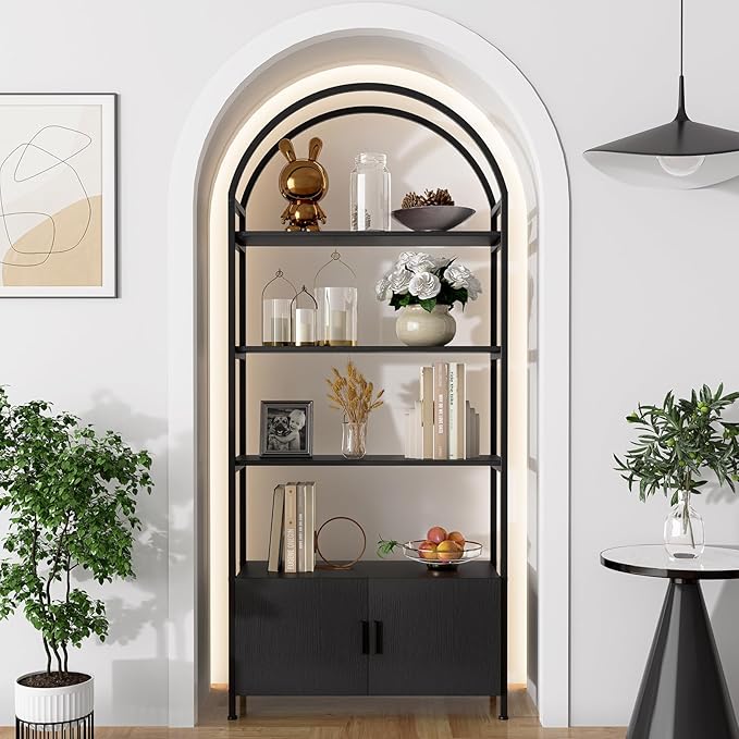 Jehiatek Arched Bookshelf, Bookcase with Doors Storage, 71 Inches Tall Industrial Book Shelf with Sturdy Metal Frame, E1 Quality Boards, Freestanding Display Shelving Unit, Black