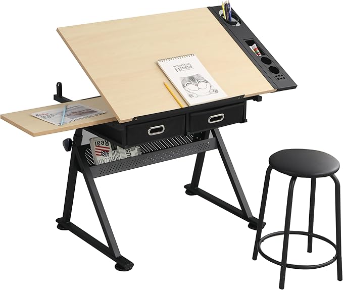 Miscoos Adjustable Drawing Drafting Table Desk with 2 Non-Woven Storage Drawers and Stool for Home Office and School, Wood, Ameican White Oak, MDF + Metal