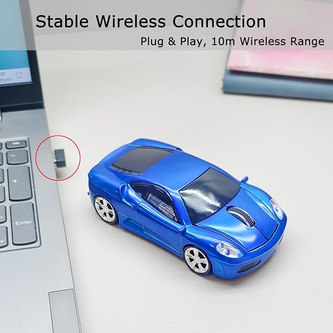 Wireless Car Mouse for Computer, 2.4G USB Receiver, 1600DPI Adjustable, Sport Car Design, Plug & Play, Compatible with Laptop PC Mac Windows Linux, for Boys & Men (Blue)