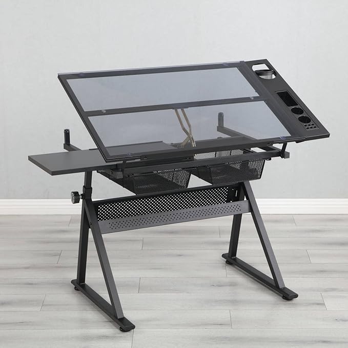 Drafting Table with Stool, Modern Black Adjustable Tempered Glass Printing Artwork Desk for Art Studio Home Office School