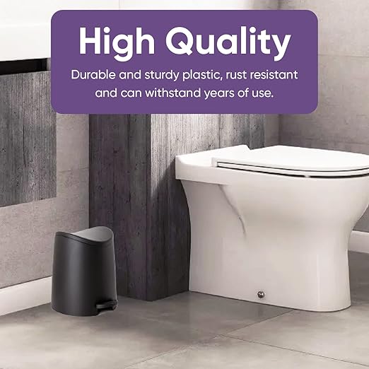 Superio MIni Plastic Bathroom Trash Can with Lid 3 Liter Black Modern Curved Step On Trash Can with Foot Pedal, Mini Kitchen Waste Bin, Durable and Soft Close for Bedroom, Office, Under Desk