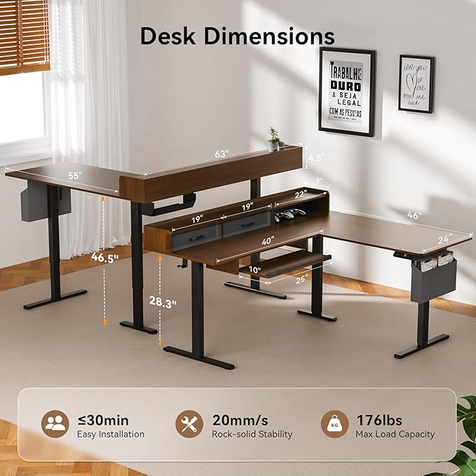 WALKINGDESK 63 Inches Height Adjustable L Shaped Standing Desk with 2 Drawers and Keyboard Tray, Electric Sit to Stand Home Office Comupter Table, Ergonomic Corner Gaming Desk, Black Walnut