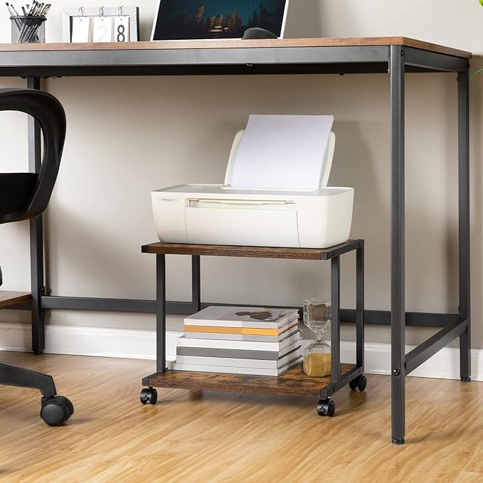 HOOBRO Under Desk Printer Stand, 2-Tier Industrial Printer Cart with Storage Shelf, Mobile Machine Holder Table Stand, for Home and Office, Rustic Brown and Black BF42PS01