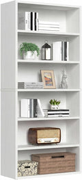 Sweetcrispy Industrial 6 Shelf Bookcase - Large 63 Inch Tall Floor Standing Open Bookshelf for Home Office, Living Room, and Bedroom Storage, Classic White