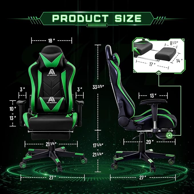 AA Products Gaming Chair High Back Ergonomic Computer Racing Chair Adjustable Gamer Chair with Footrest, Lumbar Support Swivel Chair – LightGreen