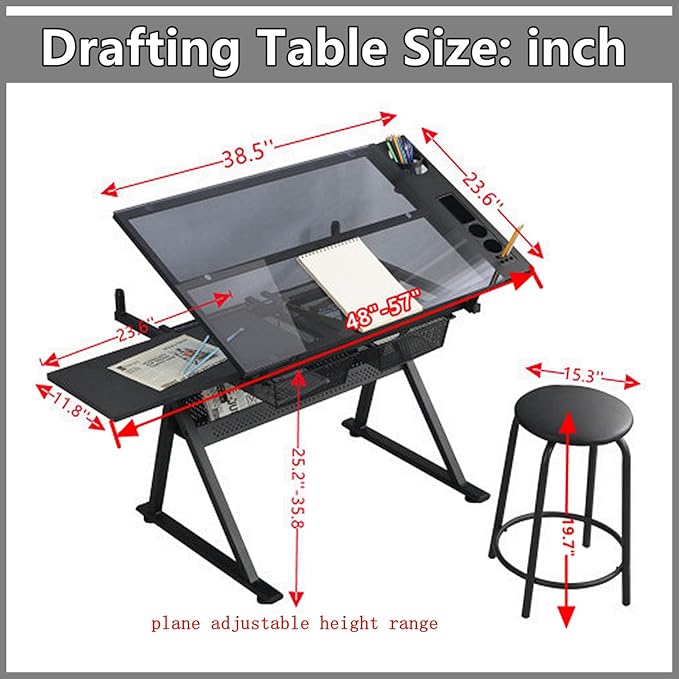 Drafting Table for Artists, Height Adjustable Glass Drawing Table with Stool, Ergonomic Art Table with 0-75° Tilting Tabletop and More Storage for Home Office, Type 1-Black
