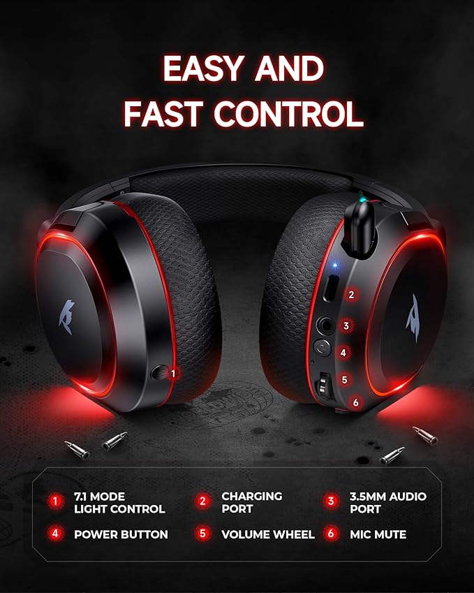 Picun G2 Wireless Gaming Headset, Over-Ear 7.1 Virtual Surround Sound, 2.4GHz/Bluetooth 5.4/Wired, 5ms Ultra-Low Latency, 100H Battery, ENC Noise-Canceling Mic, RGB, for PC PS5 PS4 Switch (BlackRed)