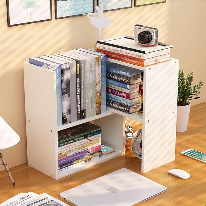 infini Desktop Bookshelf Desktop Shelf Office Storage Rack Desktop Bookshelf Wooden Adjustable Display Shelf Multifunctional Creative Small Bookshelf Organizer (White)