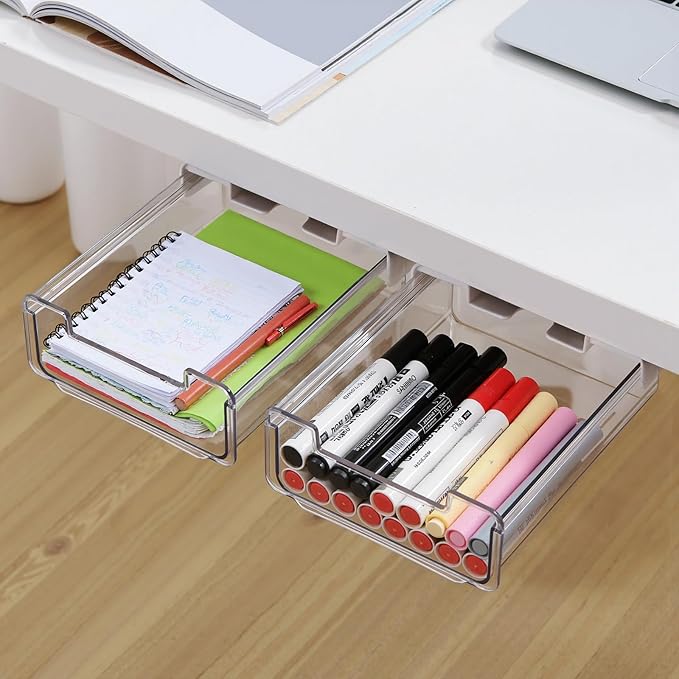 2 Pack Under Desk Storage Drawers Self-Adhesive Easy Hidden Desktop Organizer, Attachable Clear Acrylic Storage Tray Under Table Drawer for Home Office School Counters Workstation