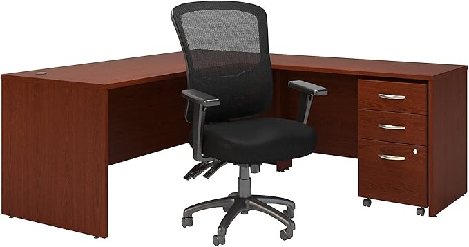 Bush Business Furniture Series C 72W L Shaped Desk with Mobile File Cabinet and High Back Multifunction Office Chair in Mahogany