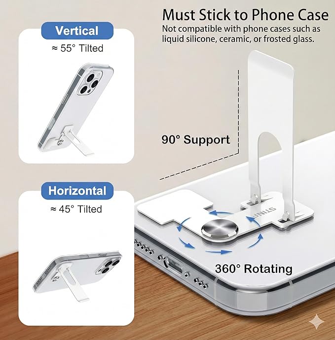 Phone Slim Stand Thin Kickstand, Ultra Thin Vertical Horizontal Universal Steel Metal Stable Mount Attachable Pocket Friendly Phone Holder for iPhone Samsung Phone Case (White 1-Pack)