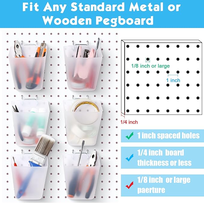 Namalu 12 Pack Pegboard Storage Bins with Labels and Hooks Bulk Peg Board Organizer Accessories Hanging Cup Organizer Pegboard Cup Holder(Transparent)