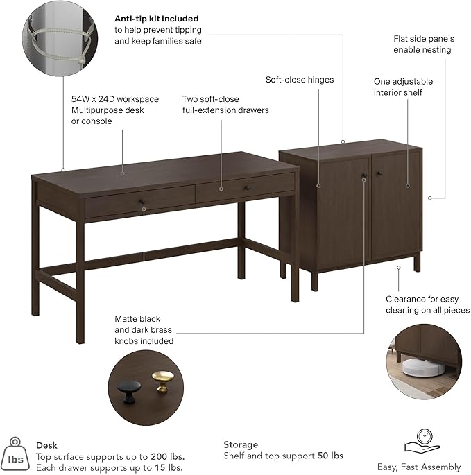 Bush Home 54-Inch Writing Desk with 2 Door Low Storage Cabinet, Computer Study Laptop Table Workstation, Drawers and Adjustable Shelves, Home Office Furniture Set, Avery Collection, Chocolate Birch
