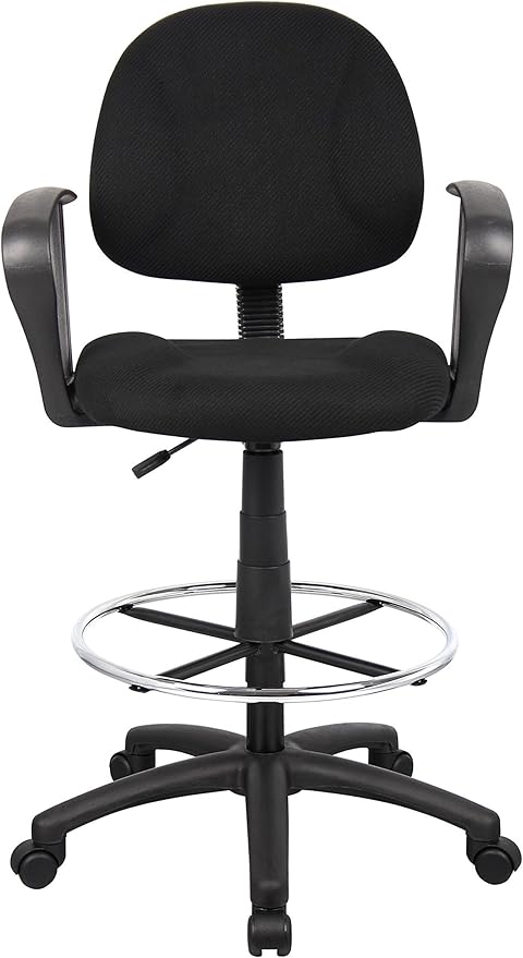BOWERY HILL Contoured Comfort Drafting Stool, Adjustable Height 26.5"-31.5", Black Tweed Upholstery, Loop Arms, Chrome Footrest, Nylon Base with Casters, Ergonomic Office Chair for Drafting or Studio