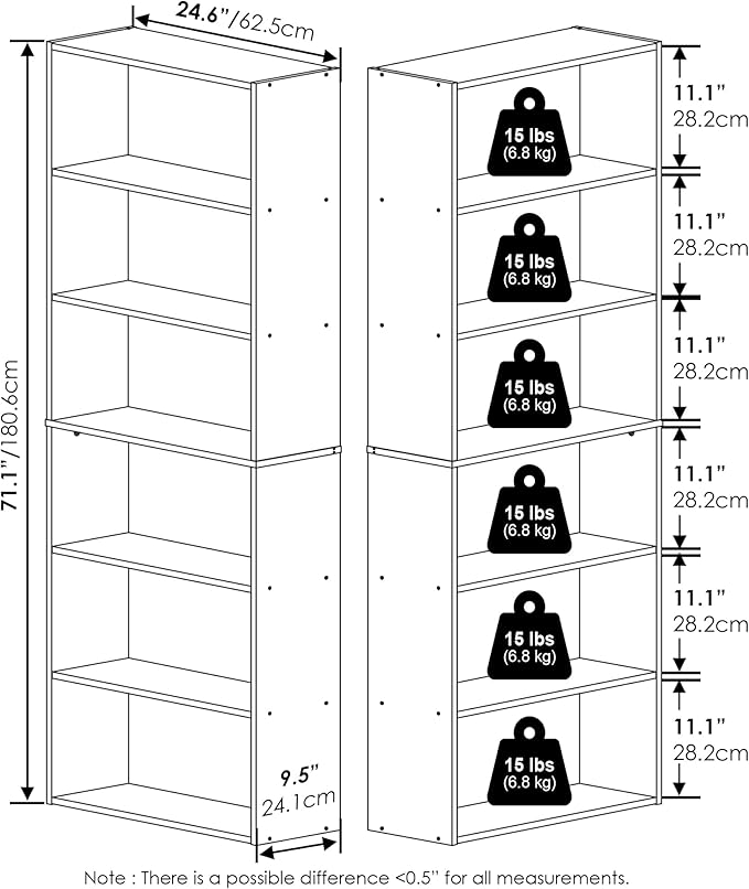 Furinno Jaya Book Shelf Set of 2, 6-Tier Bookshelf, Bookcase, 9.5 x 24.6 x 71, for Home Office, Living Room, French Oak