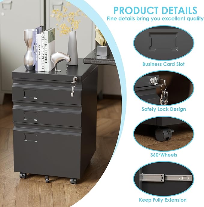SUXXAN 3 Drawer Mobile File Cabinet with Lock, Heavy Duty Steel Under Desk Filing Cabinet for Letter/Legal/A4 Size, Fully Assembled Except Casters, Anti-Tip Design for Home Office