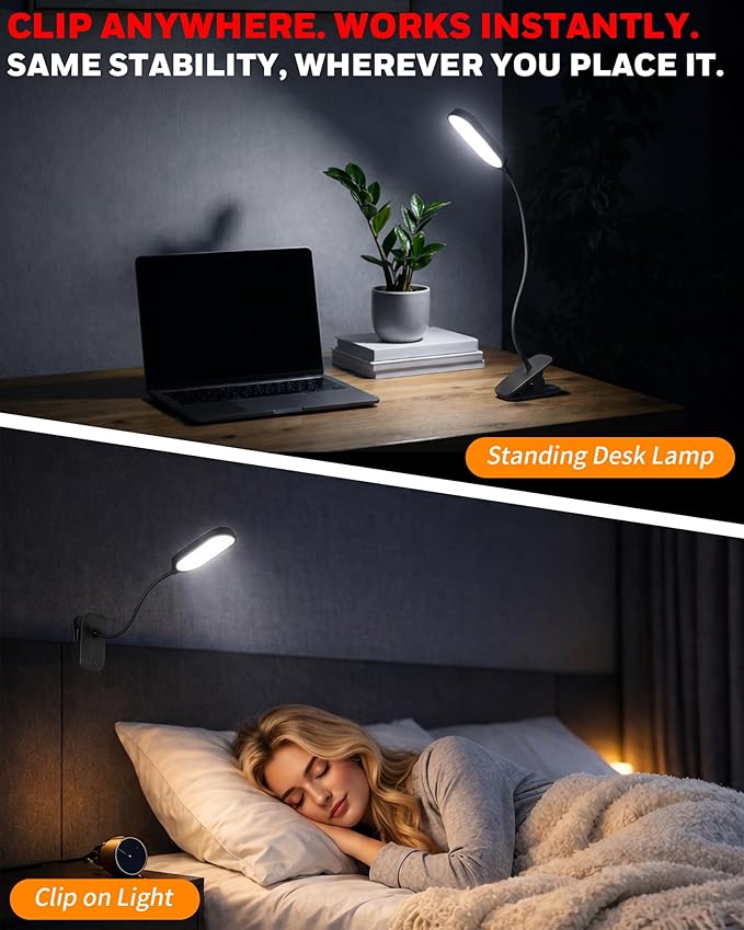 Honeywell Clip On Desk Lamp, Rechargeable Reading Light with Touch Control, Stepless Dimming, Portable Lamp for Desk, Bedside, Study