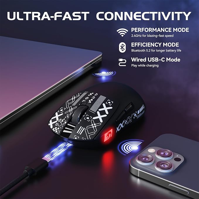 MAMBASNAKE M4 Ultra-Light Wireless Gaming Mouse 52g, 24000 DPI PAW3311 Optical Sensor,2.4G/BT/Wired Ergonomic Computer Mice, RGB Lighting,400mAh Battery, Programmable Mouse for PC/Win/MAC-Black &Tape