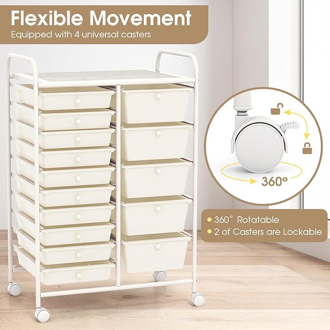Moccha 15-Drawer Rolling Storage Cart - Under Desk Storage Drawers with wheels for Craft Art Supply Paper Salon, Scrapbook Paper Tools, Mobile Utility Cart for Classroom (15 Drawers, White)