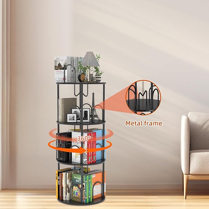 3 Tier Rotating Bookshelf, 360° Spinning Bookshelf Tower, Narrow Corner Book Shelf, Revolving Bookcase Corner Tall Book Shelf for Small Spaces, Bedroom, Living Room, Black