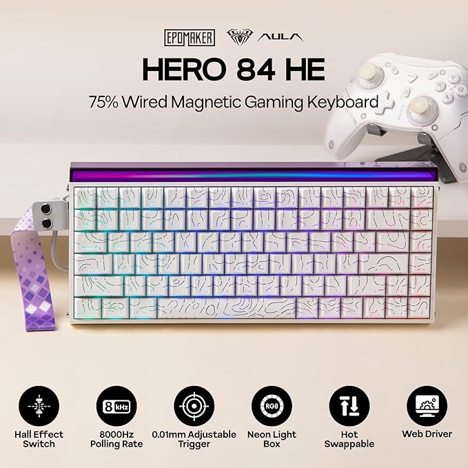 EPOMAKER Aula Hero84 HE Wired Hall Effect Keyboard with RGB Lightbox, 0.01mm Adjustable Actuation, 8KHz Polling, 0.125ms Latency, Snap Key, SOCD, Magnetic Gaming Keyboard (White Topographic)