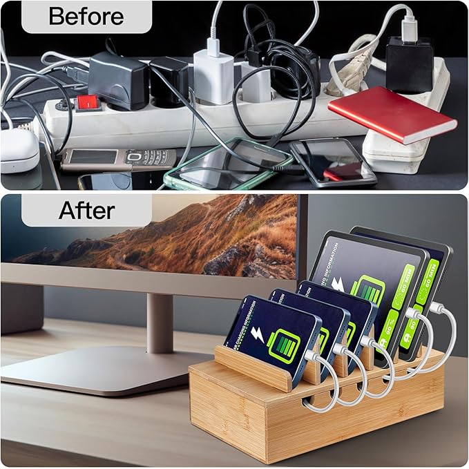 MINCORD Bamboo Charging Station for Multiple Devices, Cell Phone Docking Charging Station Organizer, Nightstand Bedside Desk Device Charger Organizer for Laptop, Tablets and iPads