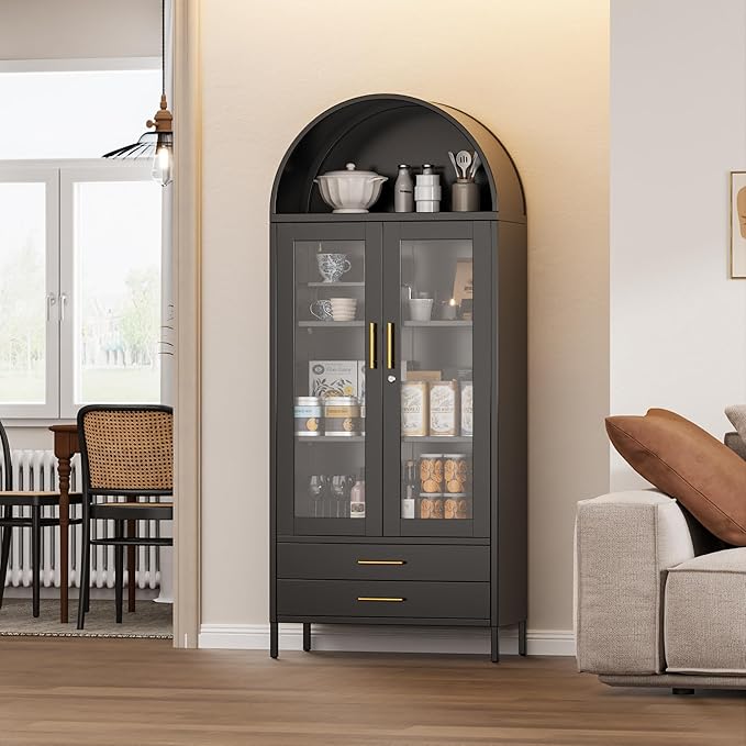 73’’ Tall Arched Bookcase with Glass Doors, Arched Cabinet with Lock and Adjustable Shelves, Metal Display Cabinet with 2 Drawers for Home Office,Required Assembly,Black