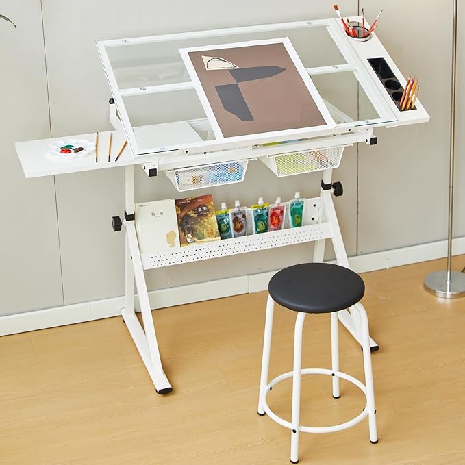 Drafting Table w/Stool, Height Adjustable Drawing Table, Multifunctional Art Craft Paintings Work Station w/2 Storage Drawers Artists Desk Tilting Glass Tabletop for Home Office White