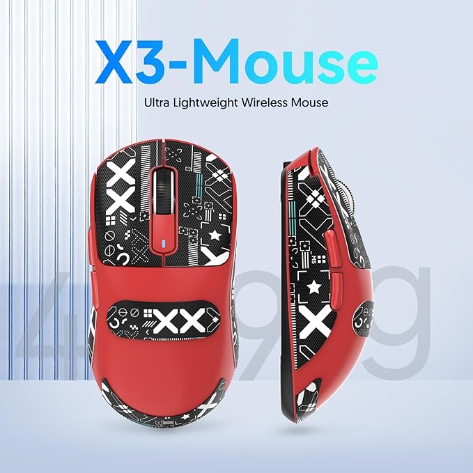 MAMBASNAKE Attack Shark X3 Wireless Gaming Mouse, 49g Ultralight, PixArt PAW3395 26000 DPI, Bluetooth/2.4Ghz /Wired Tri-Mode, 200Hrs Rechargeable Battery, Kailh GM8.0 Switch for PC/MAC/Win - Red&Tape