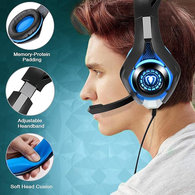 BlueFire Stereo Gaming Headset with Microphone for PS5 PS4 Xbox One Switch PC Mac – Wired Over-Ear Headphones with Surround Sound, Soft Memory Foam, Noise Canceling Mic, Light, 3.5mm Jack (Blue)